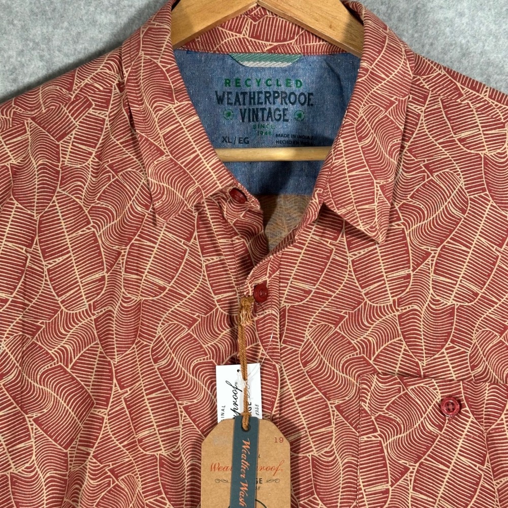 Weatherproof Vintage Mens XL Starfish Red Leaf Print Short Sleeve Button Shirt